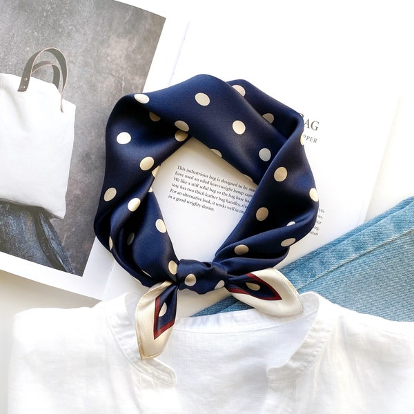 Navy polka dots 100% mulberry silk scarf, silk hair scarf, headscarf, silk bandana, silk neck scarf, silk neckerchief for men women