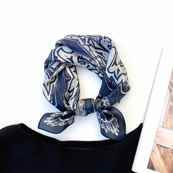 Bandana 100 % soie véritable de mûrier, foulard carré en soie bleu marine, foulard en soie, foulard pour cheveux en soie, foulard queue de cheval, foulard, foulard