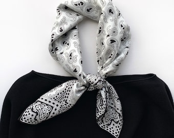 Large silk bandana, men women silk neckerchief, silk head wrap hair wrap headscarf head band, black white art deco paisley silk neck scarf