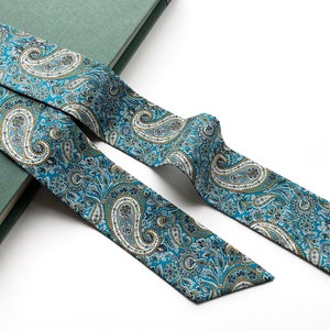 Long Skinny Liberty Fabric Scarf – Green Paisley, Hair Tie, Headband, and Purse Accessory