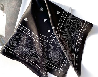 Black star print 100% silk bandana, silk hair scarf, square silk scarf for mem women, silk head scarf, silk neckerchief