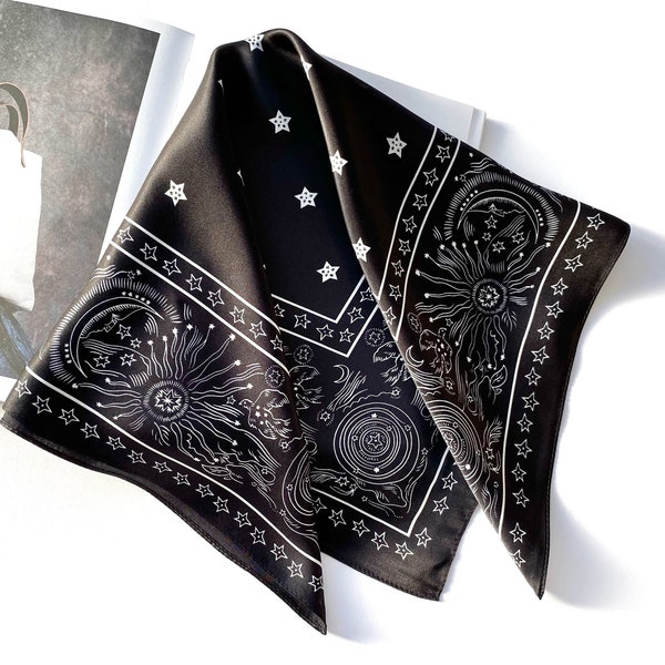Bandana noir 100 % soie imprimé étoiles, foulard en soie, foulard carré en soie pour femmes mem, foulard en soie, foulard en soie