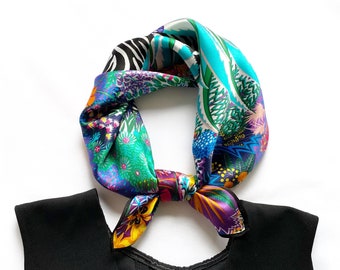 100% silk scarf, silk bandana, silk hair scarf, silk square scarf, silk head scarf for women, silk neck scarf, jungle animal neckerchief