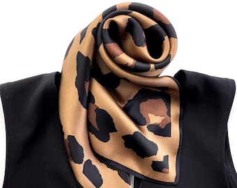 100% Real Mulberry Silk Neck Scarf, Neckerchief, Leopard Print Silk Bandana, Square Silk Scarf for Women, Silk Hair Scarf, Head scarf