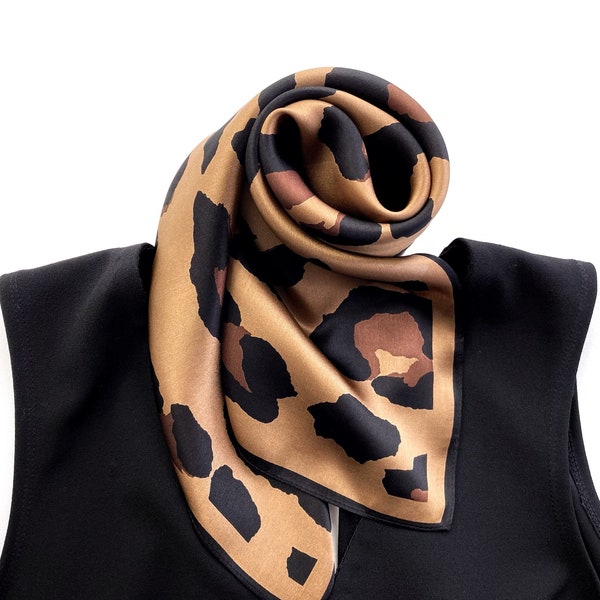 Foulard en soie de mûrier 100 % véritable, foulard, bandana en soie à imprimé léopard, écharpe carrée en soie pour femme, foulard en soie, foulard