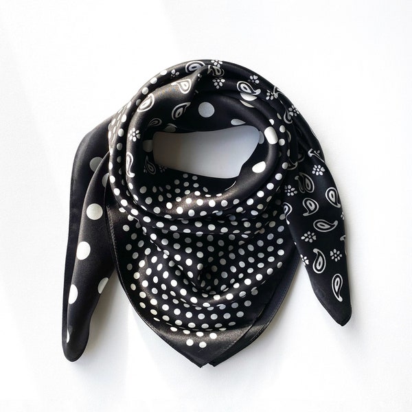 Foulard carré 100% pure soie, bandana en soie, foulard en soie Black Polka Dot Paisley Rockabilly, foulard en soie, foulard en soie, foulard