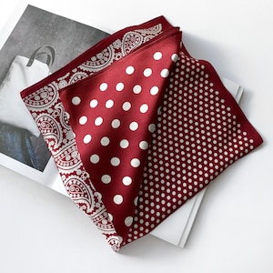 Red Polka Dot Paisley Print Pure Mulberry Silk Neck Scarf, Silk Bandana, Small Square Scarf, Silk Hair Scarf, Head Scarf, Silk Neckerchief