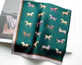 Equestrian Print Emerald Green Silk Scarf, Silk Bandana, Silk Hair Scarf, Square Silk Scarf, Silk Head Scarf, Silk Neck Scarf, Neckerchief