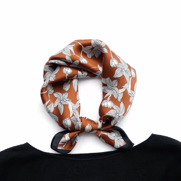 Caramel brown silk scarf, silk bandana, silk hair scarf, square silk scarf, silk head scarf, floral print mulberry silk neckerchief