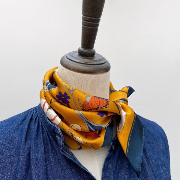 100% mulberry silk scarf square, women’s silk bandana, mustard yellow floral print silk neckerchief, neck scarf, hair scarf, headband scarf