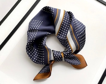 Foulard 100 % soie à imprimé géométrique marron marine, bandana en soie, foulard pour cheveux en soie, foulard carré, foulard, foulard en soie, foulard