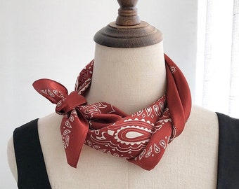 Red Terracotta 100% Real Mulberry Silk Scarf, Vintage Paisley Print Silk Bandana, Pure Silk Neck Scarf, Neckerchief, Hair Scarf, Head Wrap