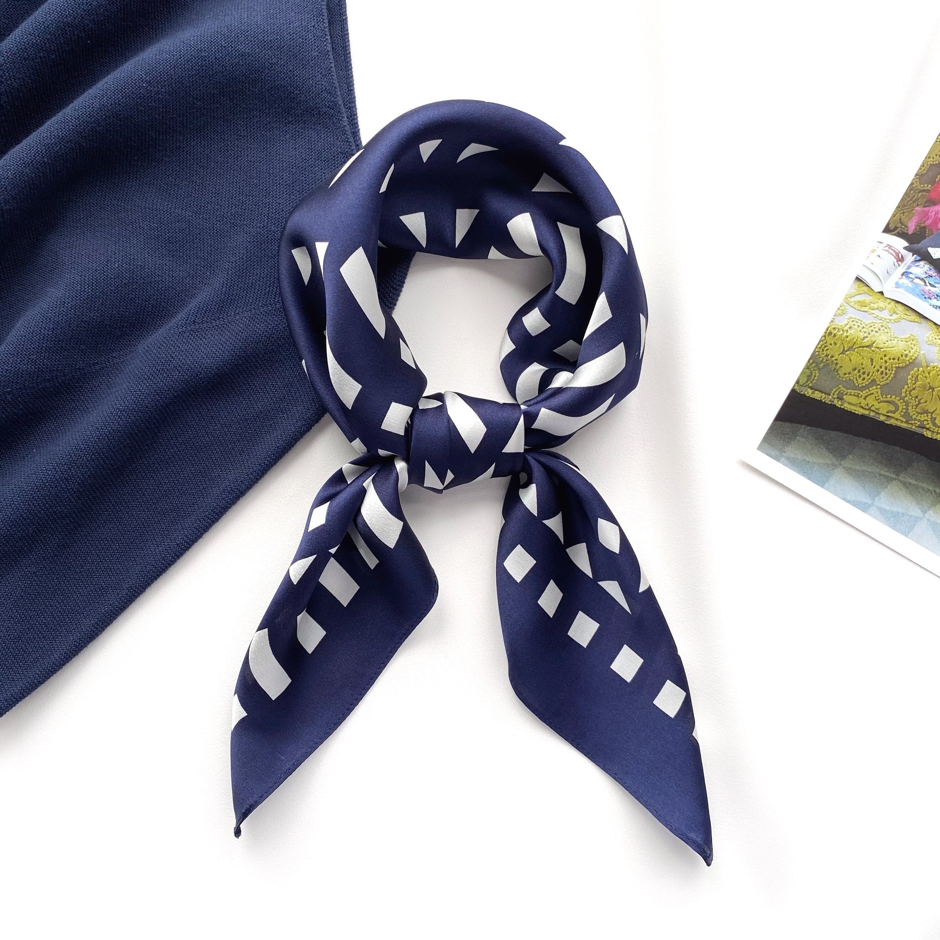Navy Geometric 100% Pure Mulberry Silk Scarf, Silk Bandana Navy Geometric 100% Pure Mulberry Silk Scarf, Silk Bandana