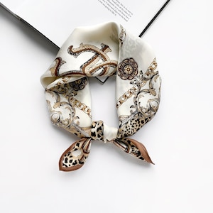 Monogram Leopard Print 100% Mulberry Silk Scarf, Silk Bandana, Pure Silk Hairscarf, Head Scarf, Silk Neck Scarf, Women&#39;s Silk Neckerchief