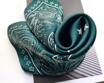 Star print emerald green silk scarf for men, silk bandana, silk hair scarf, square silk scarf, silk head scarf, silk neck scarf, neckerchief