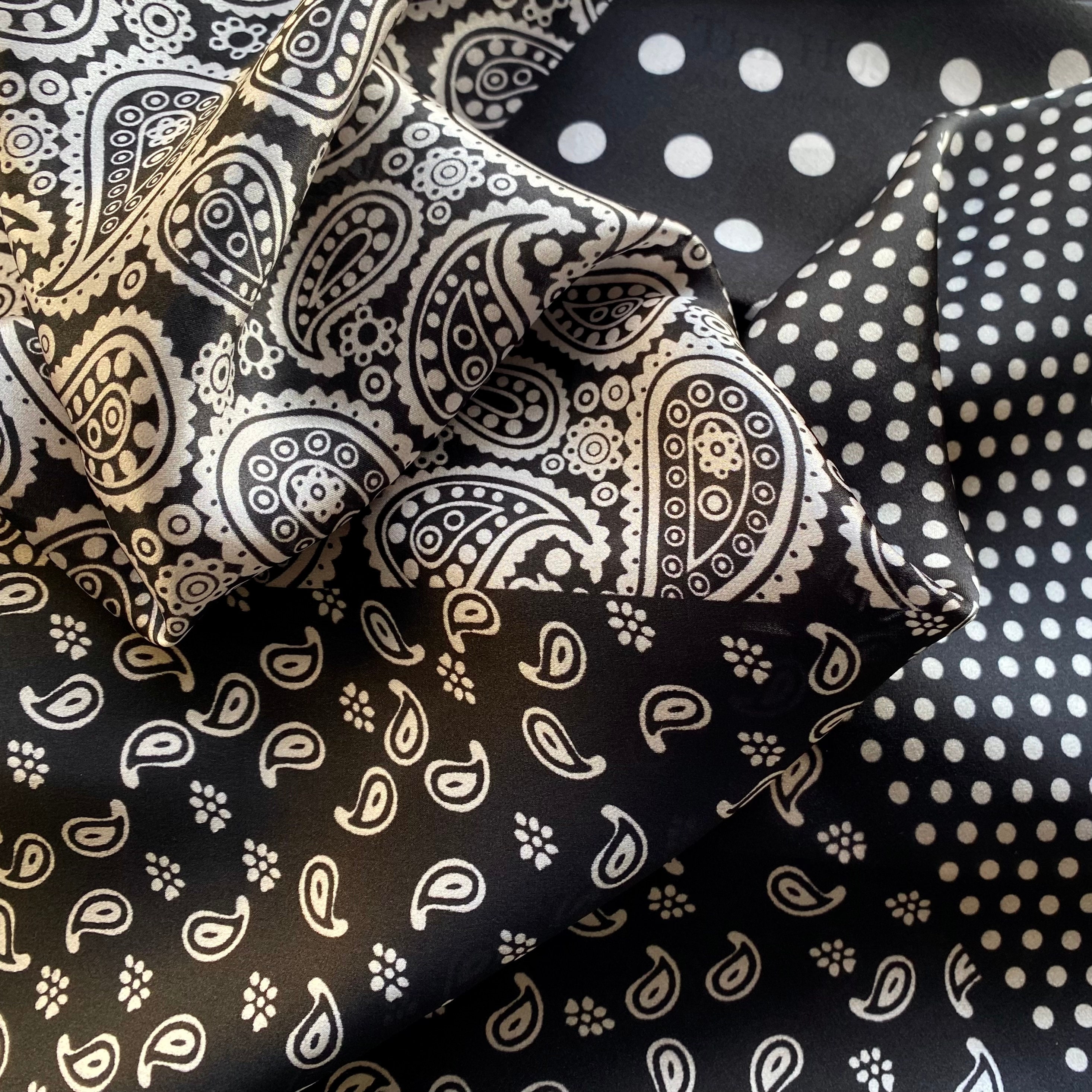 100% Pure Silk Square Scarf, Silk Bandana, Black Polka Dot
