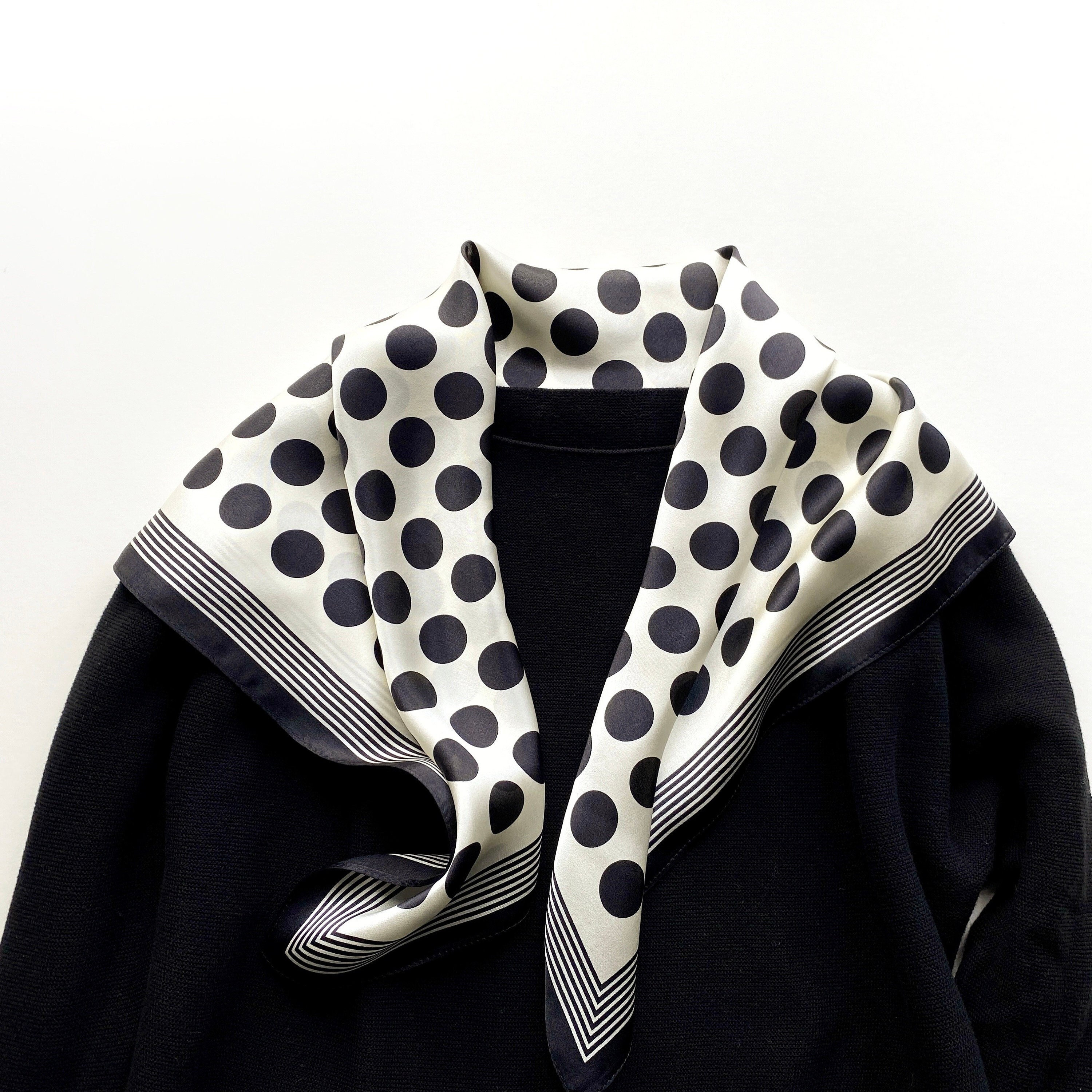 65cm Square Mulberry Silk Scarf, Black & Cream White Polka
