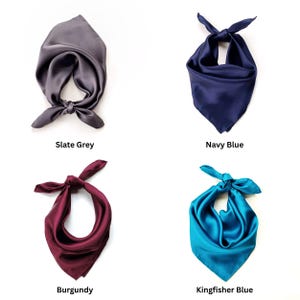 Pu&ograve; includere: Quattro fazzoletti di seta in diversi colori: grigio ardesia, blu navy, bordeaux e blu martin pescatore. Ogni fazzoletto &egrave; annodato in alto. I nomi dei colori sono stampati sotto.