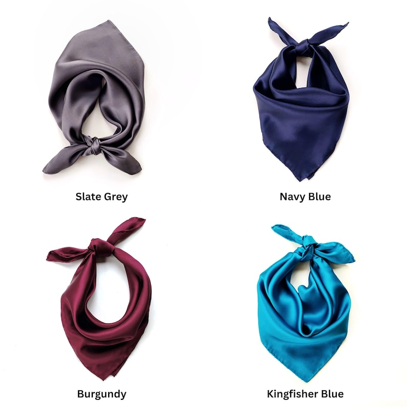 Pu&ograve; includere: Quattro fazzoletti di seta in diversi colori: grigio ardesia, blu navy, bordeaux e blu martin pescatore. Ogni fazzoletto &egrave; annodato in alto. I nomi dei colori sono stampati sotto.