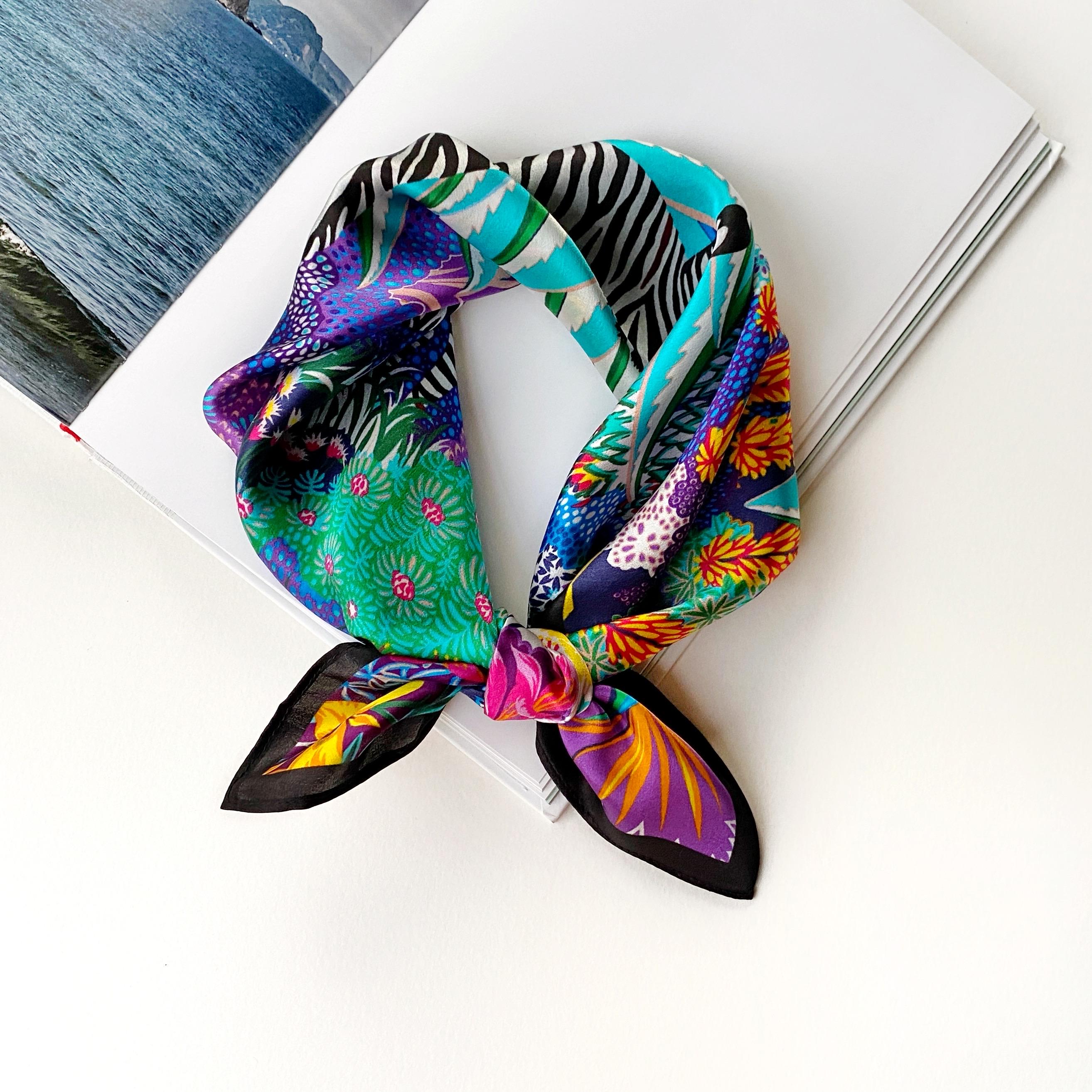 100% Pure Silk Scarf Square, Animal Print Colourful Silk
