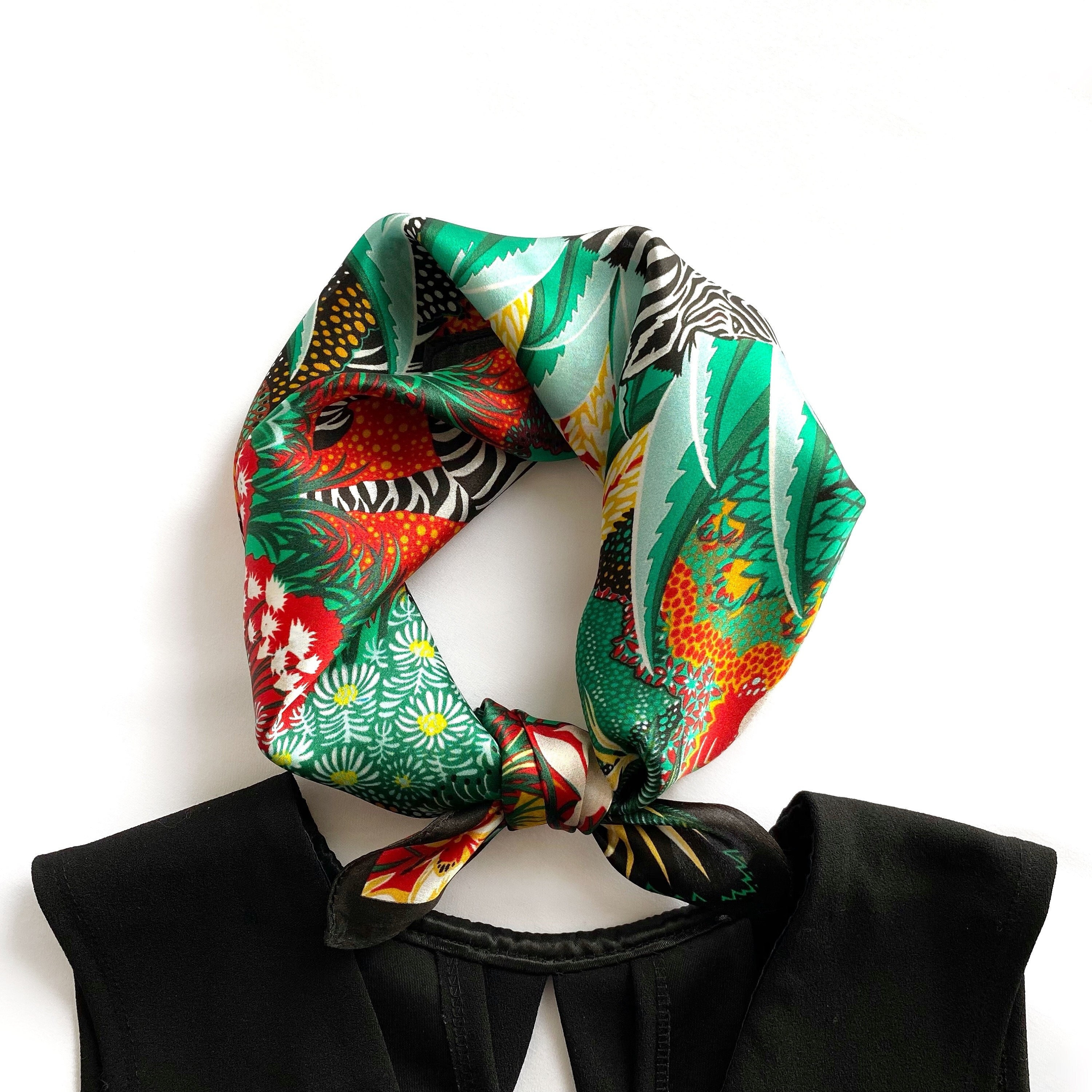 100% Pure Silk Scarf Square, Animal Print Colourful Silk