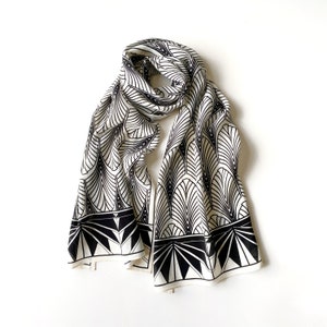 100% Mulberry silk scarf, silk hair scarf, silk head scarf,  lightweight long silk scarf for women, black & cream white art deco print