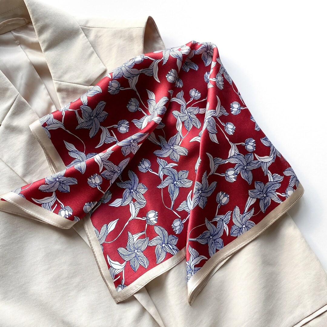 Red Floral 100 Pure Silk Scarf, Silk Bandana Headband, Silk Hair Scarf, Silk Head Scarf, Silk