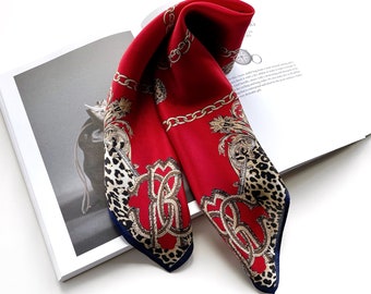 Monogram Leopard Print Red Mulberry Silk Scarf For Women, Silk Bandana, Silk Hair Scarf, HeadScarf, Silk Neck Scarf, Silk Neckerchief