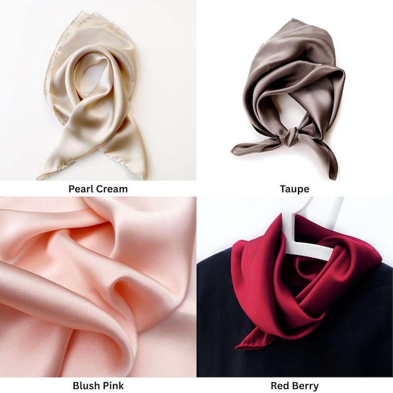Pu&ograve; includere: Quattro sciarpe di seta in diversi colori: crema perla, talpa, rosa blush e rosso bacca. Le sciarpe sono di forma quadrata e piegate in vari stili. I nomi dei colori sono scritti sotto.