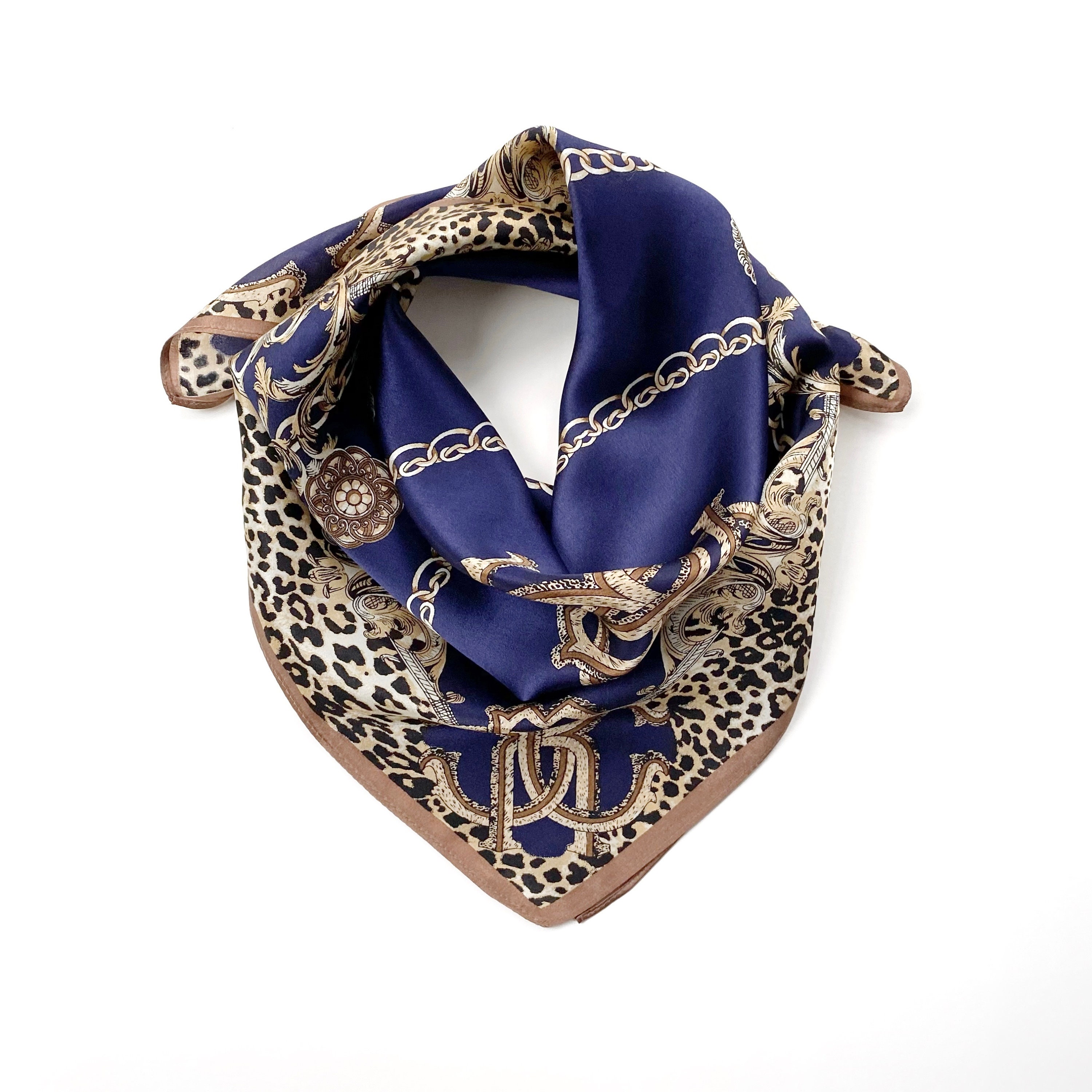 Navy Monogram Leopard Print 100% Pure Silk Scarf, Silk