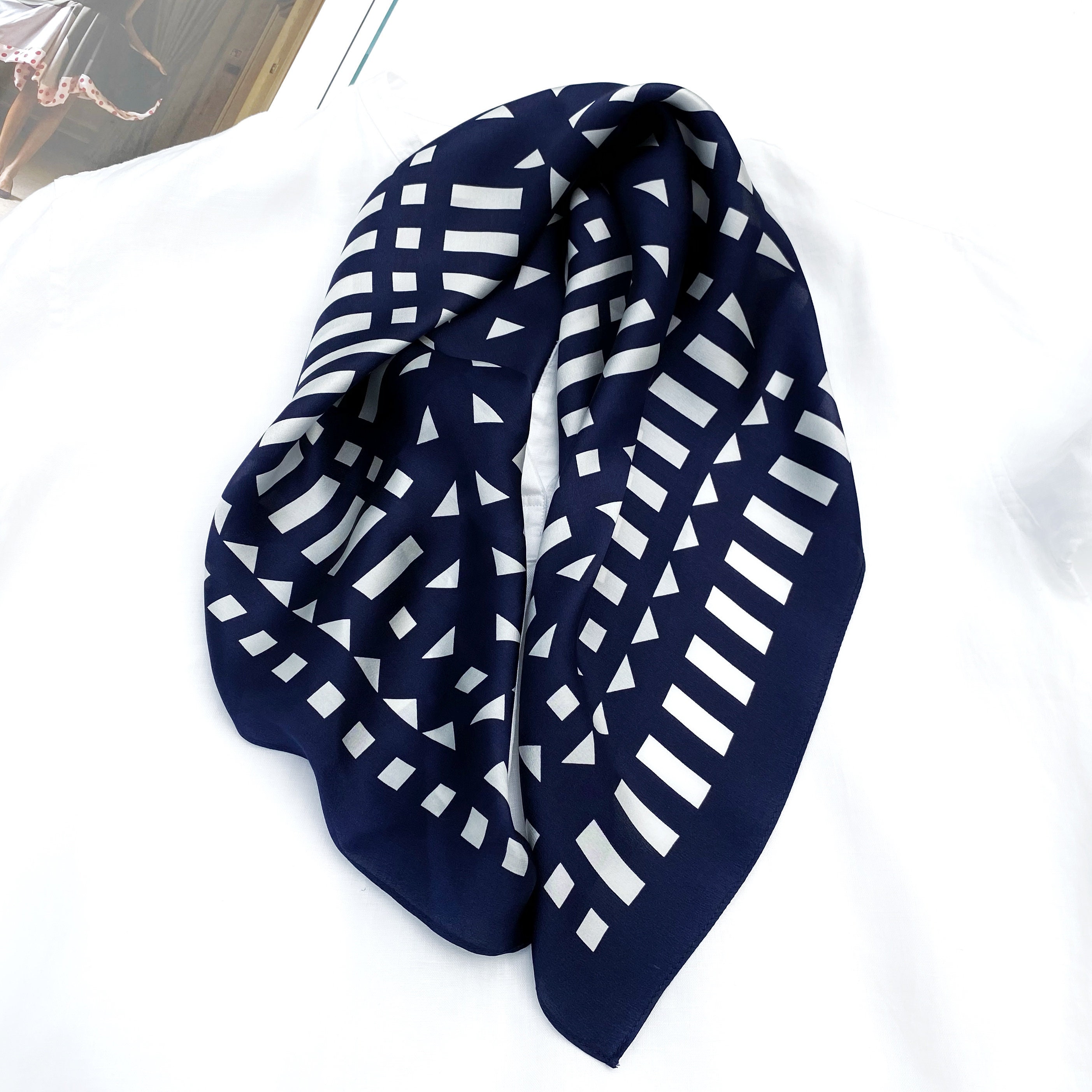 Navy Geometric 100% Pure Mulberry Silk Scarf, Silk Bandana Navy Geometric 100% Pure Mulberry Silk Scarf, Silk Bandana