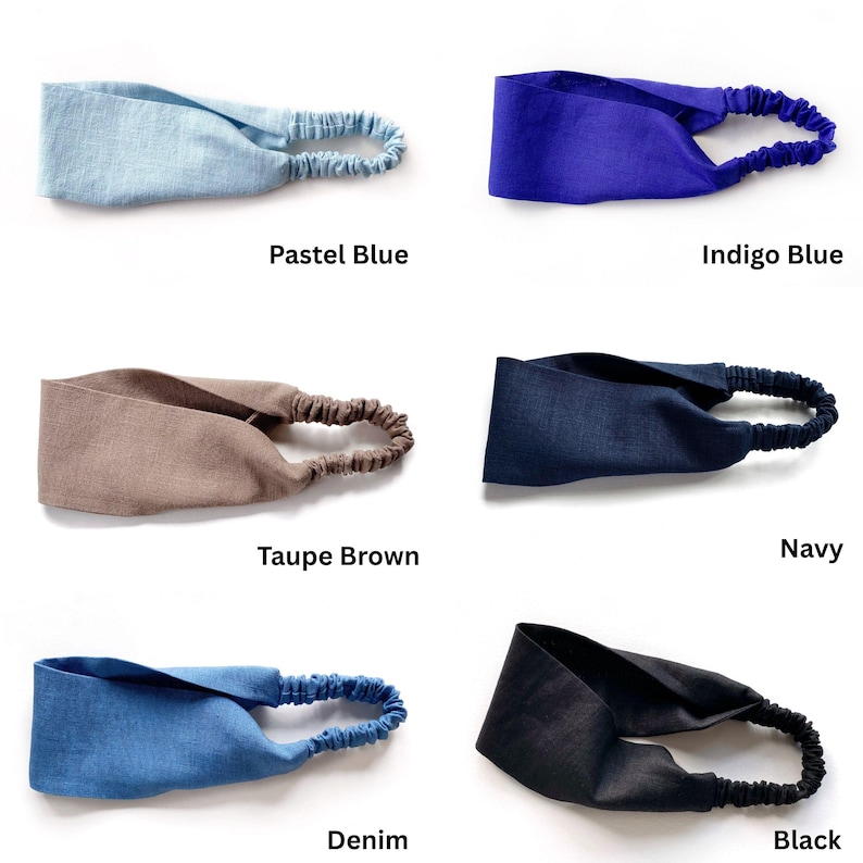 May include: A collection of six headbands in various colors, including pastel blue, indigo blue, taupe brown, navy, denim, and black. Each headband features a twisted knot design and an elastic band for a comfortable fit.