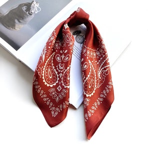 Red Terracotta 100% Real Mulberry Silk Scarf, Vintage Paisley Print Silk Bandana, Pure Silk Neck Scarf, Neckerchief, Hair Scarf, Head Wrap