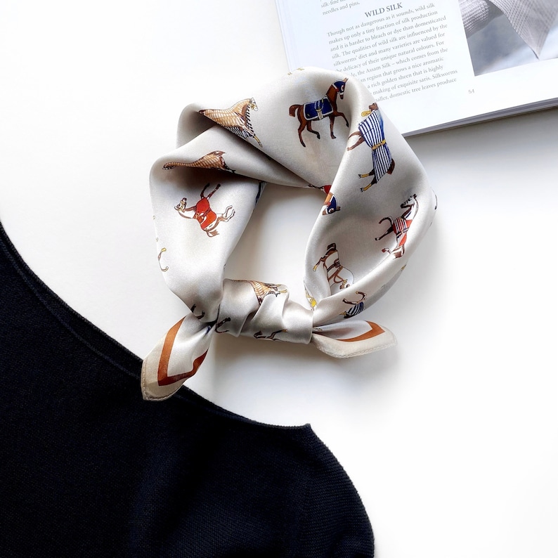 Equestrian Print 100% Real Mulberry Silk Scarf, Silk Bandana, Silk Hair Scarf, Silk Headscarf, Head Wrap, Silk Neck Scarf, Silk Neckerchief image 2