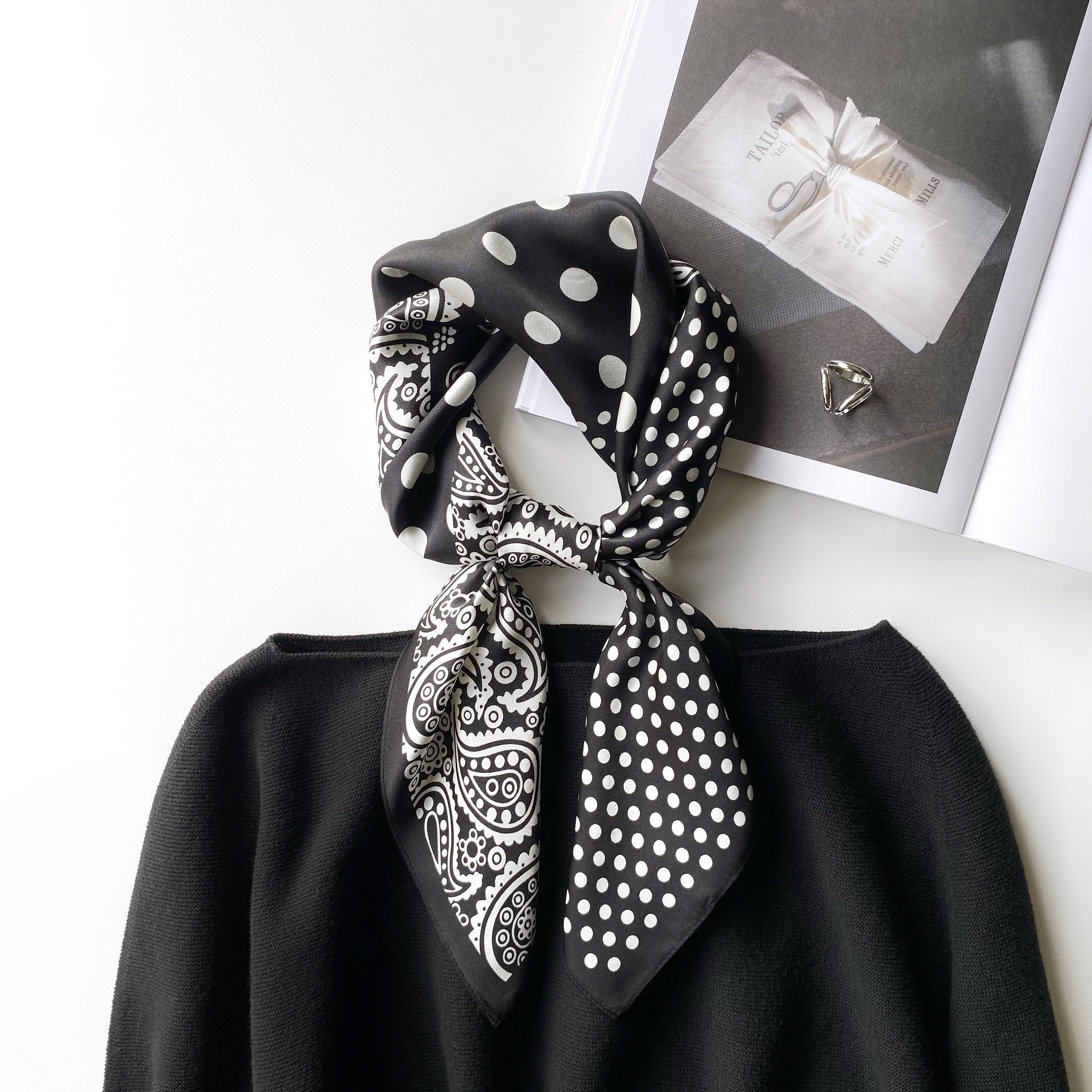 JWSilk 100% Silk Neckerchief - 20x20 Inch Small Square Scarf (Black With White Polka Dots)