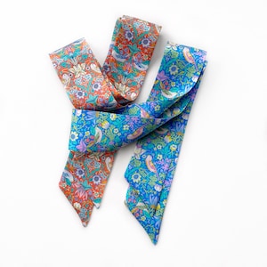 Liberty silk ponytail scarf, long skinny neck scarf, William Morris print silk ribbon scarf headband, skinny silk headscarf, silk hairbow