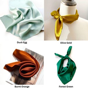 Pu&ograve; includere: Quattro sciarpe di seta in diversi colori: verde acqua, oro oliva, arancione bruciato e verde foresta. Le sciarpe sono quadrate e realizzate in un materiale lucido e liscio. La sciarpa oro oliva &egrave; annodata attorno al collo di un manichino. Le altre sciarpe sono piatte.