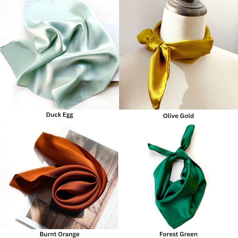 Pu&ograve; includere: Quattro sciarpe di seta in diversi colori: verde acqua, oro oliva, arancione bruciato e verde foresta. Le sciarpe sono quadrate e realizzate in un materiale lucido e liscio. La sciarpa oro oliva &egrave; annodata attorno al collo di un manichino. Le altre sciarpe sono piatte.