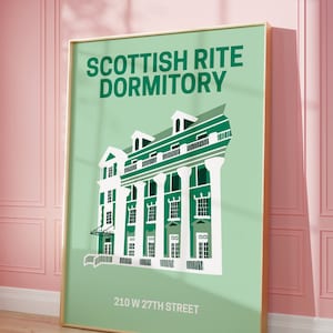 May include: A green and white illustration of a building with the text "Scottish Rite Dormitory" and "210 W 27th Street" on a light green background.