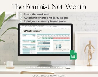 The Feminist Net Worth Planner | Google Sheets Digital Spreadsheet | Annual Calculator, Multi-Year, Assets & Liabilities, Personal Finance