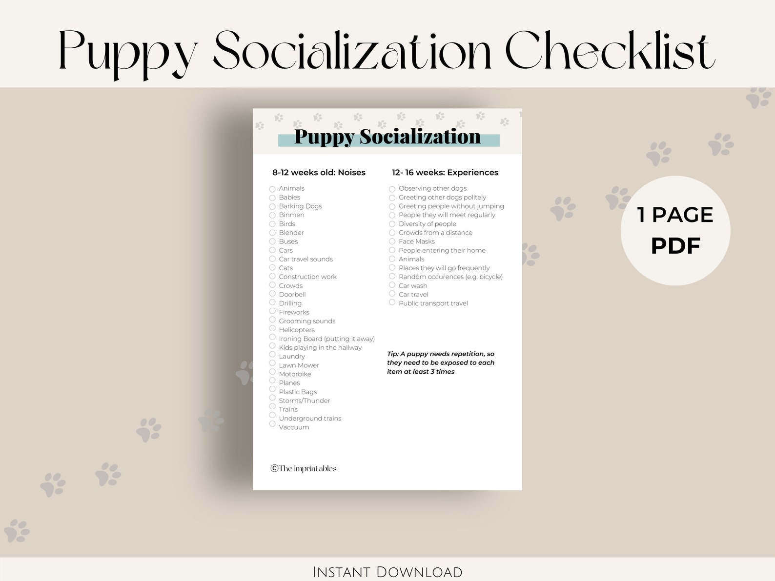 Puppy Socialization Checklist PDF Printable | Instant Digital Download ...