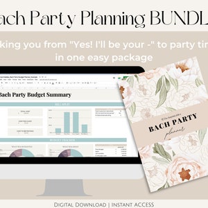 Peut inclure: Un pack de téléchargement numérique pour planifier un enterrement de vie de jeune fille. Le pack comprend un planificateur PDF imprimable de 35 pages et une feuille de calcul pour le budget. Le planificateur présente un motif floral avec des fleurs de pêche et blanches sur un fond crème. La feuille de calcul est affichée sur un écran d'ordinateur et comprend un résumé du budget et un tableau de répartition des factures.