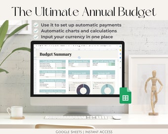 May include: A computer screen displaying a Google Sheet with a budget summary. The sheet includes sections for cash flow, total income, expenses, savings, and a breakdown of monthly expenses. The sheet is titled "The Ultimate Annual Budget" and includes the text "Use it to set up automatic payments, Automatic charts and calculations, Input your currency in one place".