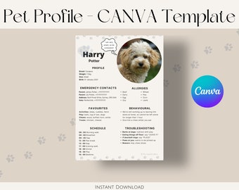 Pet Profile CANVA Template Printable / Instant Digital Download / Pet Sitter Notes, Pet Information, Pet Printable