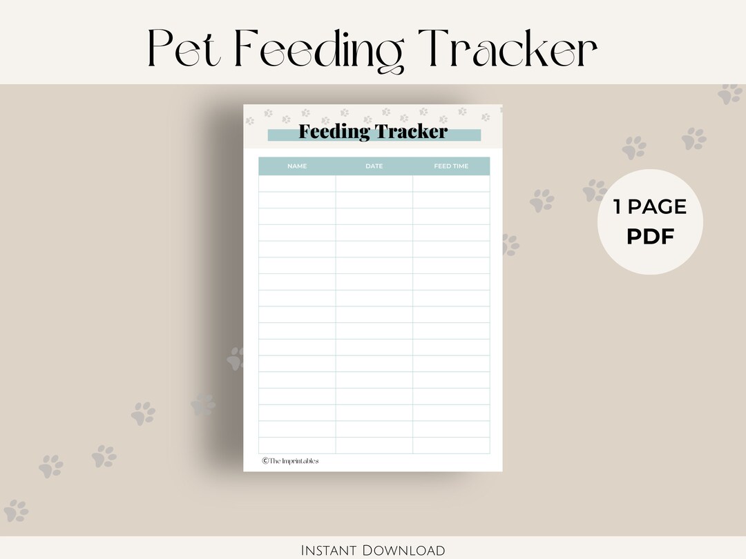 Pet Feeding Tracker PDF Printable Instant Digital Download Puppy