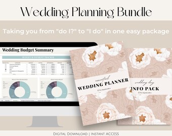 May include: A digital download bundle for wedding planning, featuring a printable budget tracker and two planners with floral designs. The planners are titled "Essential Wedding Planner" and "Wedding Day Info Pack".