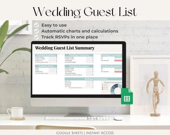 May include: A computer screen displaying a Google Sheet template for a wedding guest list. The template includes sections for wedding summary, wedding rules, wedding ceremony, wedding reception, and wedding prioritization. The sheet is titled "Wedding Guest List Summary".