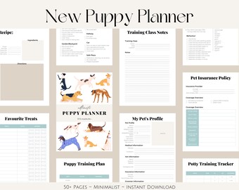 May include: A printable planner for new puppy owners. The planner includes sections for training class notes, favorite treats, puppy training plan, potty training tracker, and pet insurance policy. The cover features a colorful illustration of puppies.