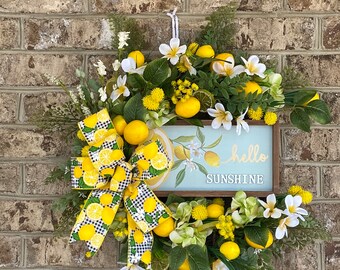 Lemon wreath, lemon sign, lemon and flowers, yellow, lemon bow,