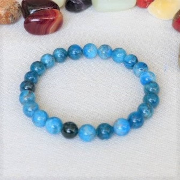 Apatite Bleu - Bracelet extensible ajustable en Pierres Naturelles - Perles Rondes Lisses de 6 mm ou 8 mm . Pierres Polies de Lithothérapie